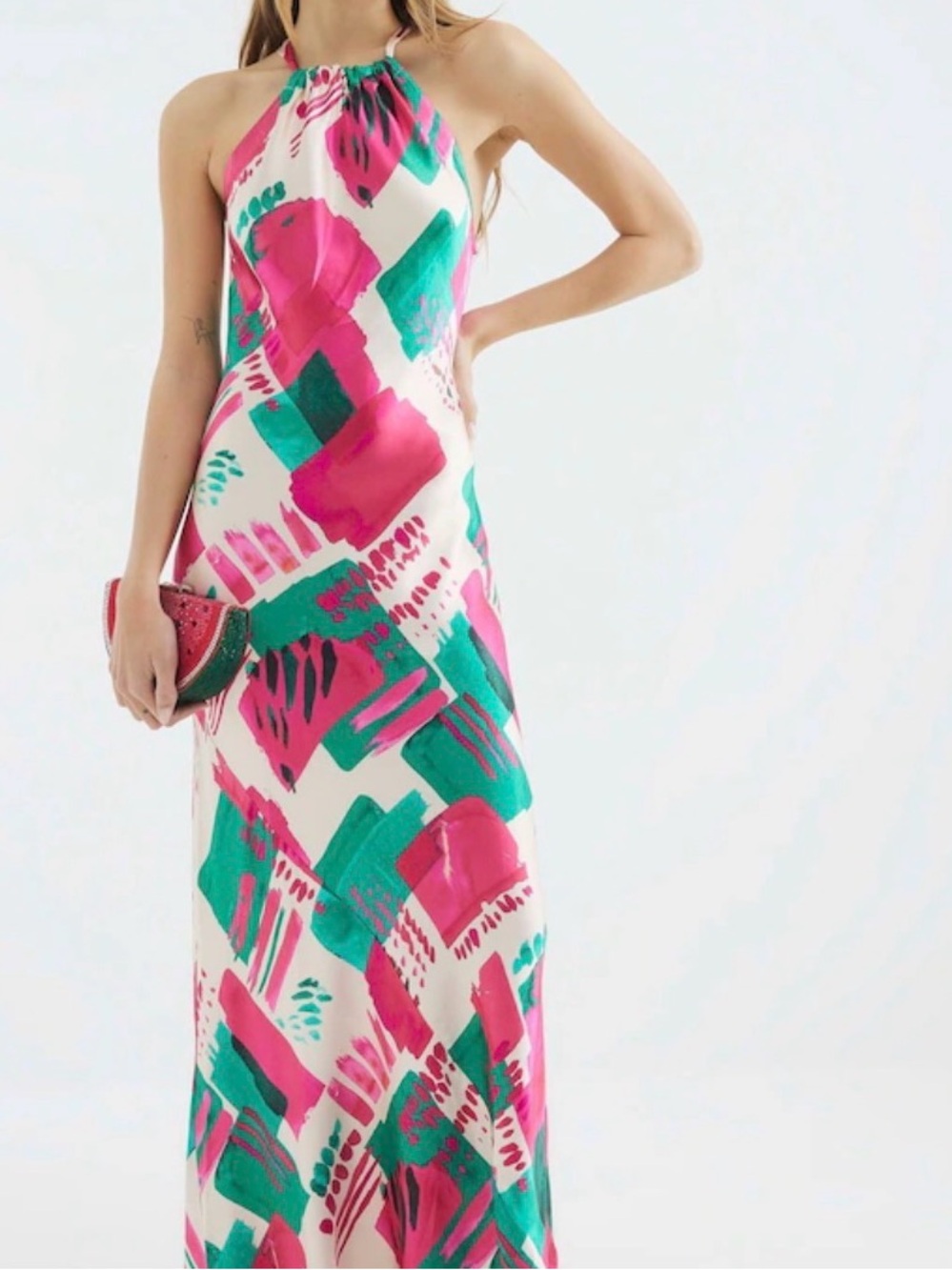New Pink & Emerald Halter Maxi Dress
